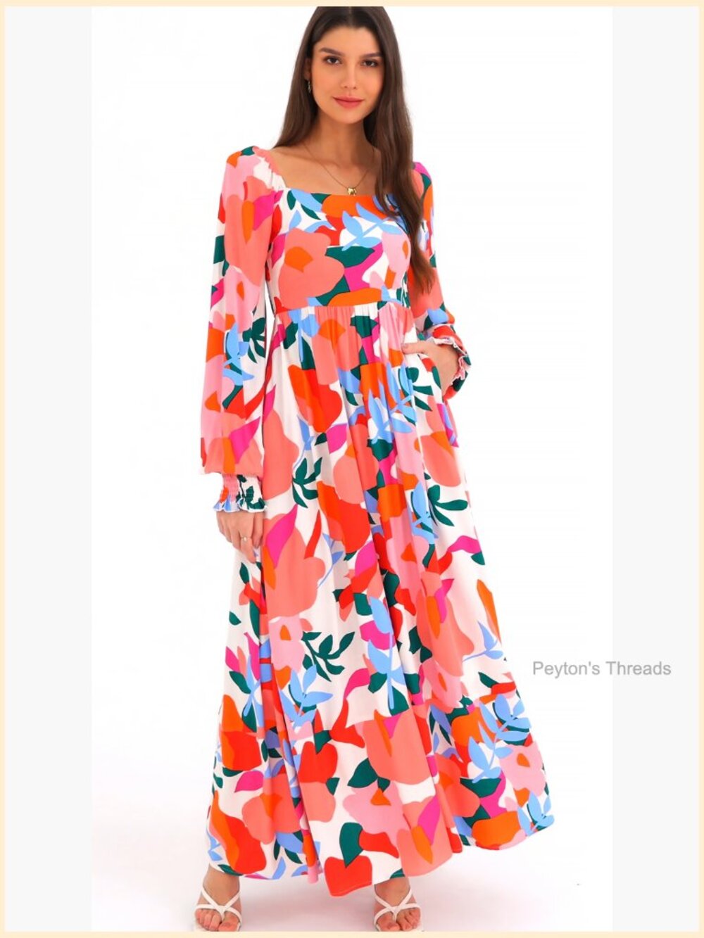 Square Neck Puff Sleeve Boho Maxi Dress with Pockets - Picture 7 of 7